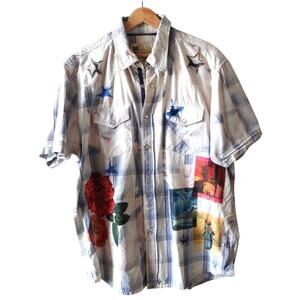 Company 81 Shirt Mens XL Western‎ Pearl Snap NY Yankees Plaid Rockabilly Graphic